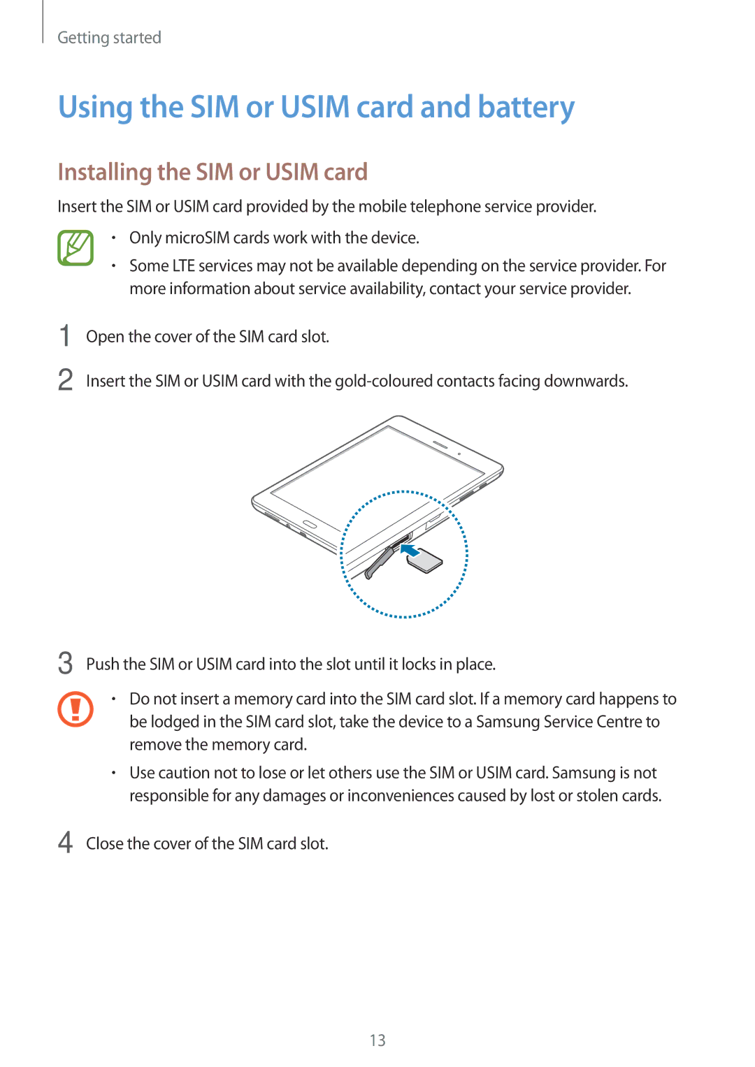 Samsung SM-P355NZWAXXV, SM-P355NZAAXXV manual Using the SIM or Usim card and battery, Installing the SIM or Usim card 