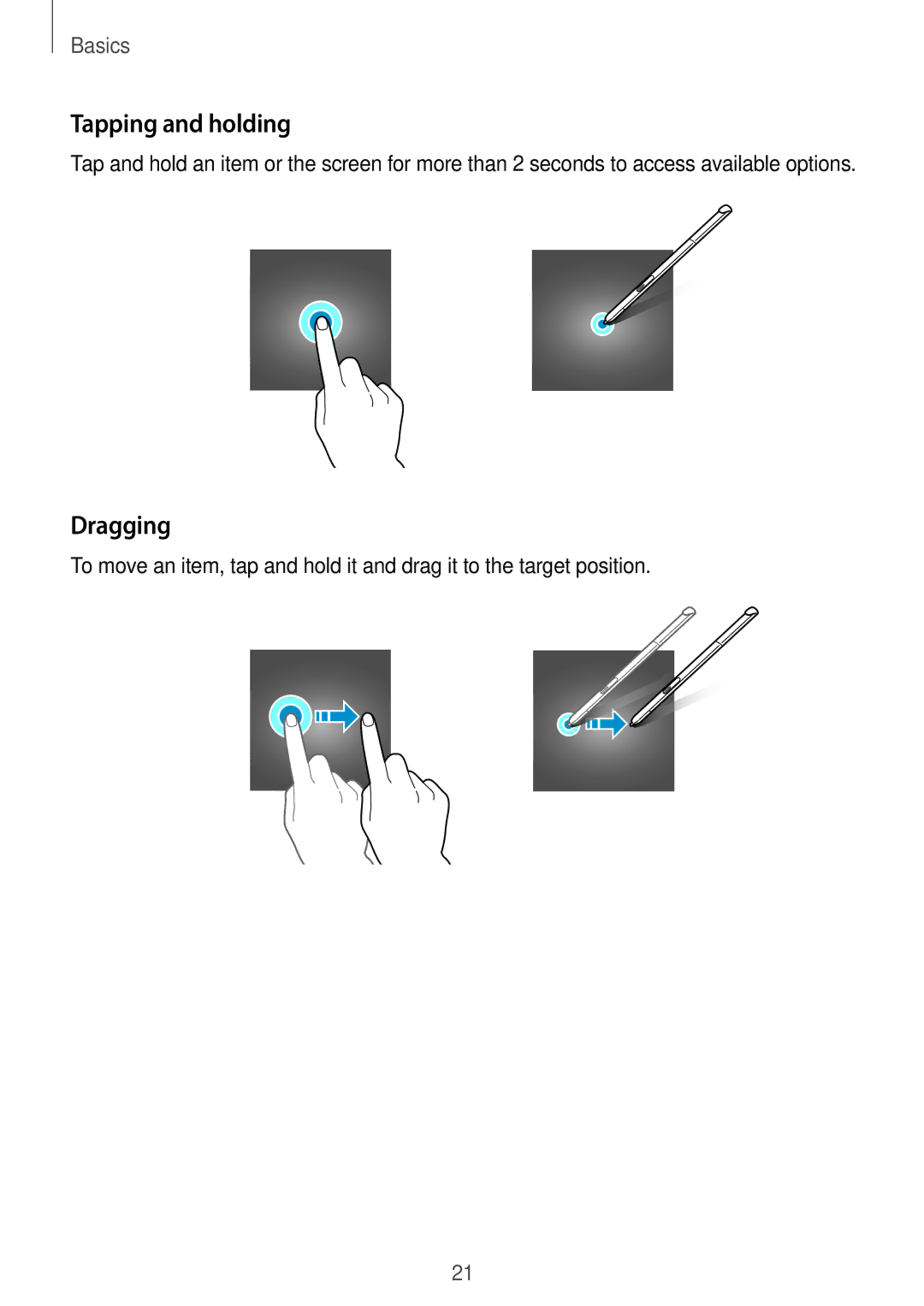 Samsung SM-P355NZWAXXV, SM-P355NZAAXXV manual Tapping and holding, Dragging 