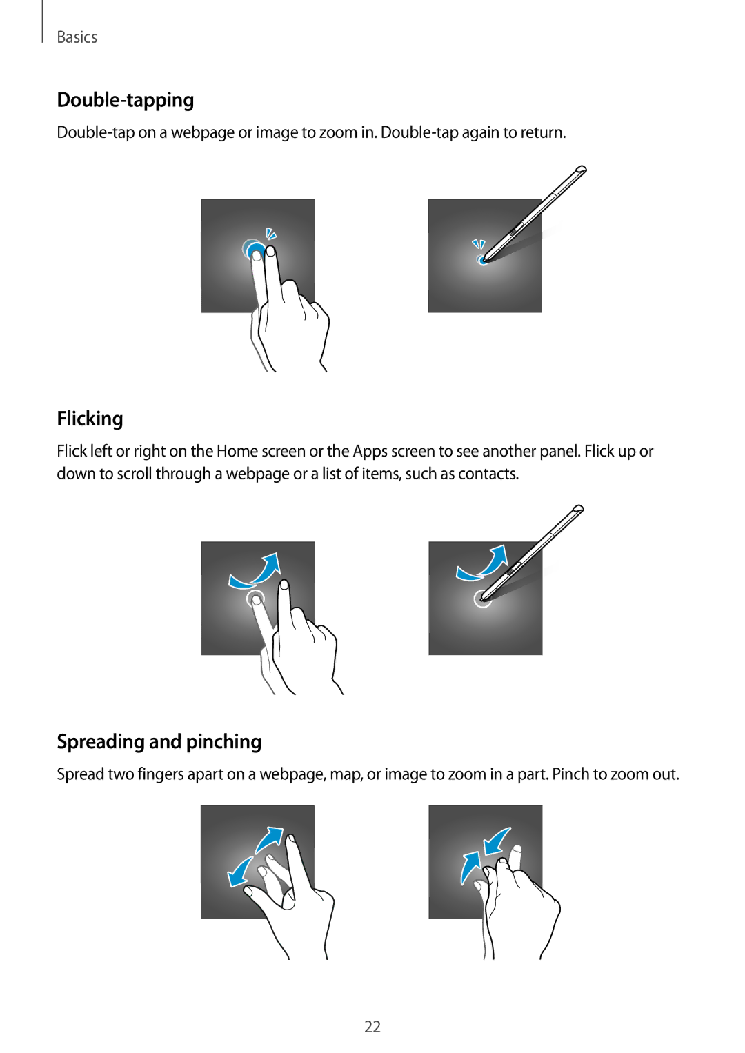 Samsung SM-P355NZAAXXV, SM-P355NZWAXXV manual Double-tapping, Flicking, Spreading and pinching 