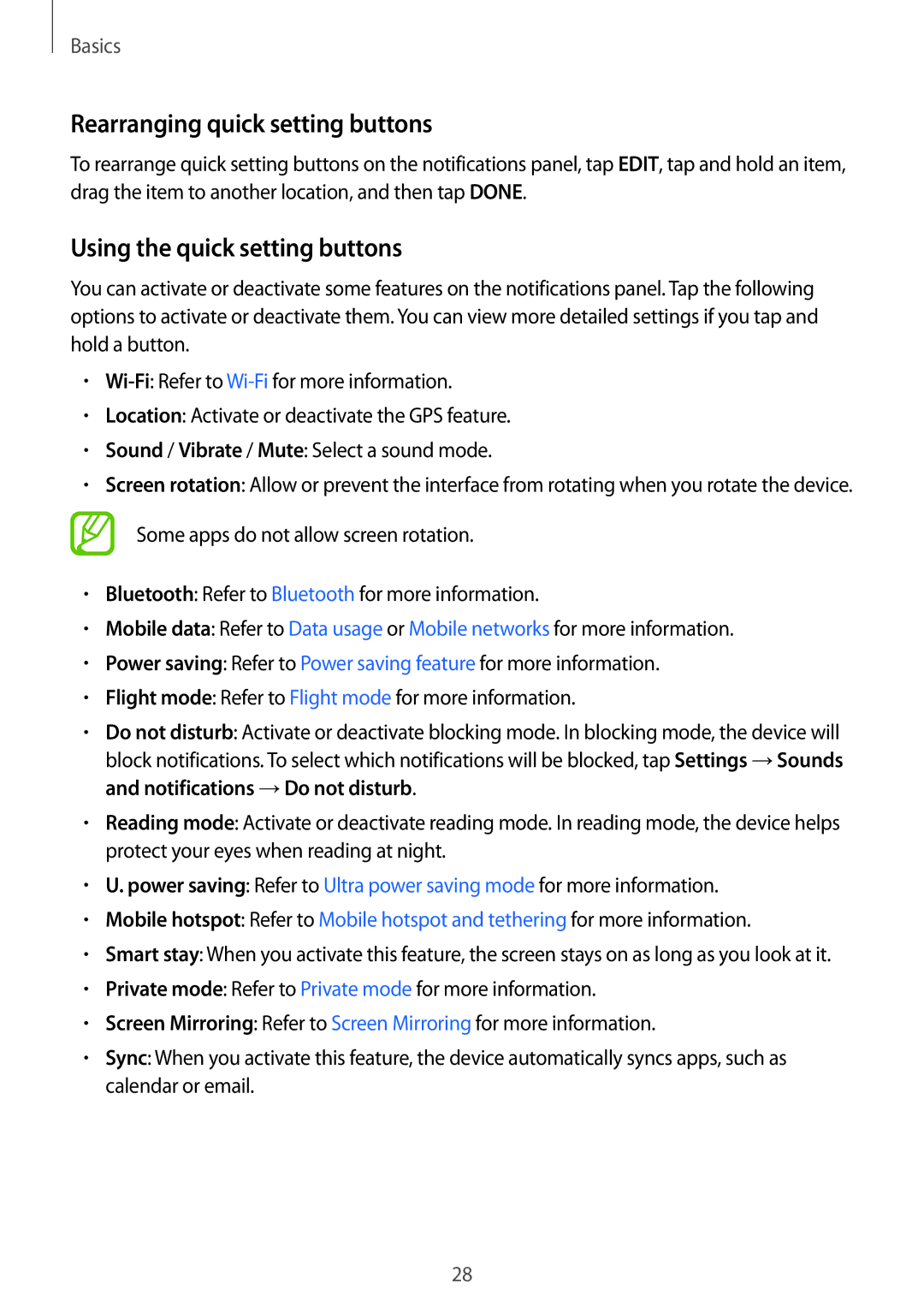 Samsung SM-P355NZAAXXV, SM-P355NZWAXXV manual Rearranging quick setting buttons, Using the quick setting buttons 