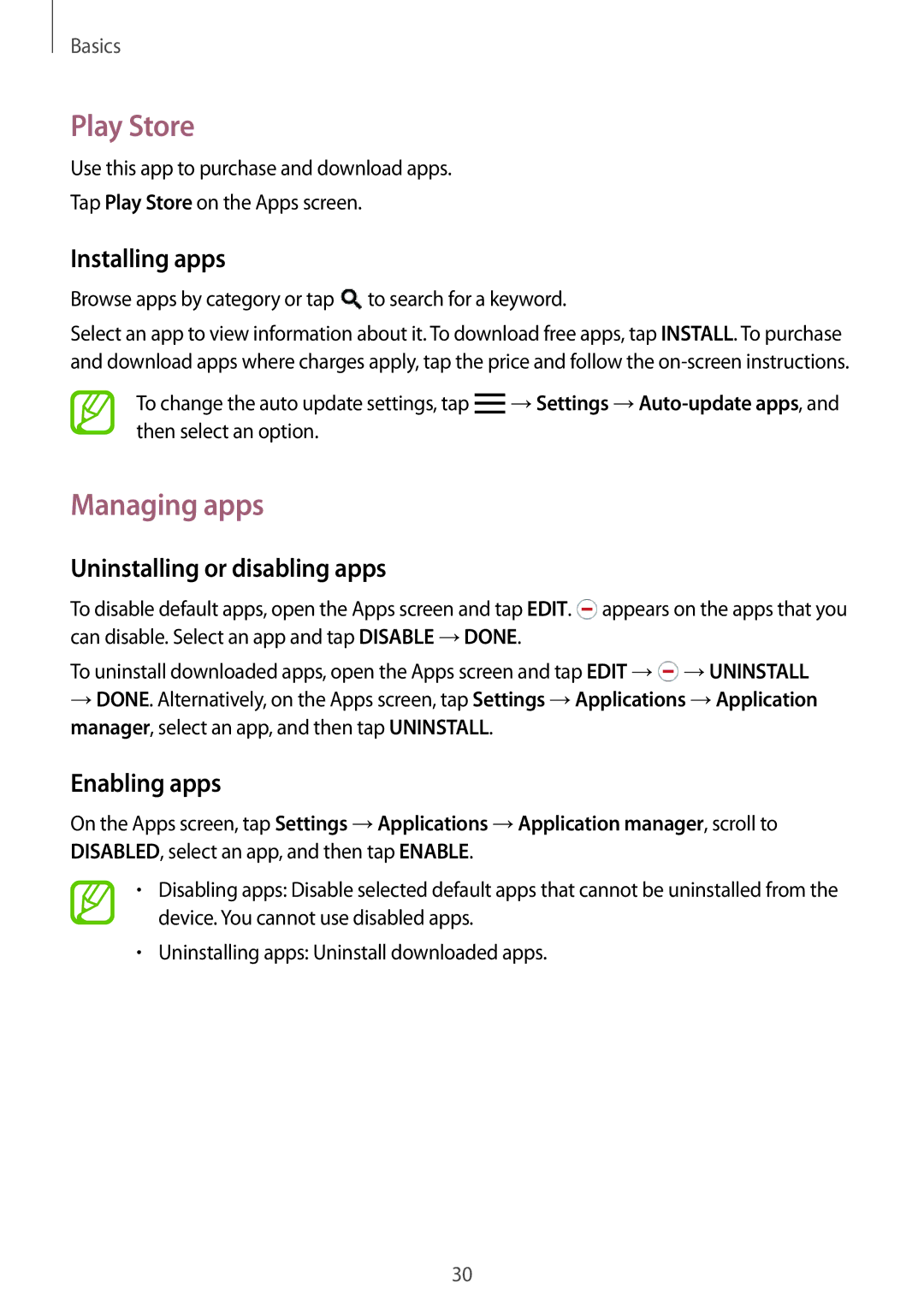 Samsung SM-P355NZAAXXV, SM-P355NZWAXXV manual Play Store, Managing apps, Uninstalling or disabling apps, Enabling apps 