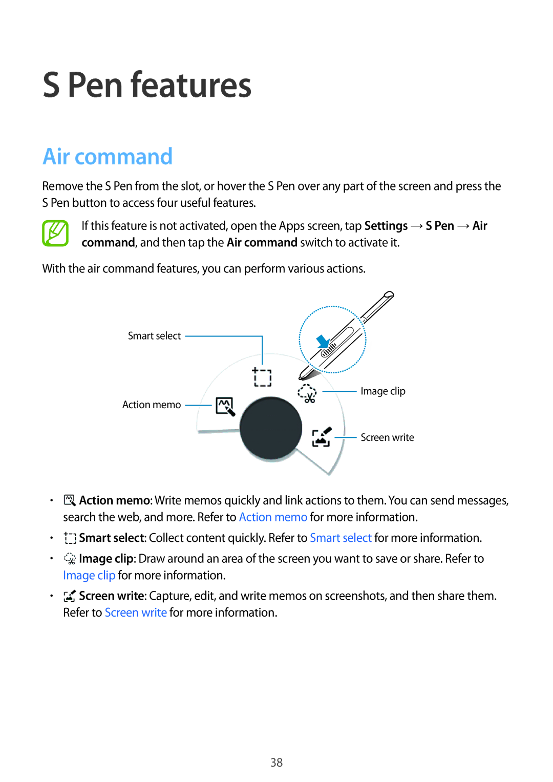 Samsung SM-P355NZAAXXV, SM-P355NZWAXXV manual Pen features, Air command 