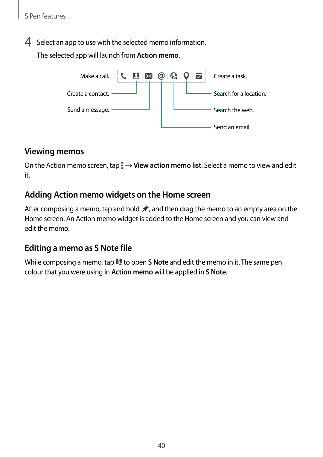 Samsung SM-P355NZAAXXV manual Viewing memos, Adding Action memo widgets on the Home screen, Editing a memo as S Note file 