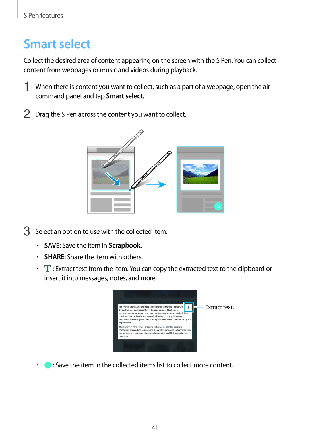 Samsung SM-P355NZWAXXV manual Command panel and tap Smart select, Drag the S Pen across the content you want to collect 