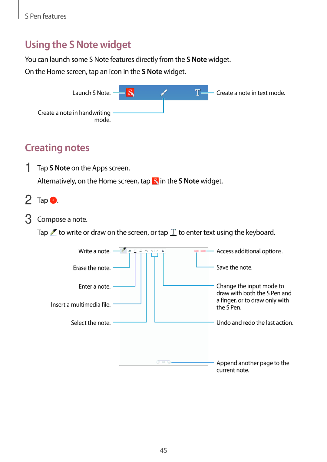 Samsung SM-P355NZWAXXV, SM-P355NZAAXXV manual Using the S Note widget, Creating notes 