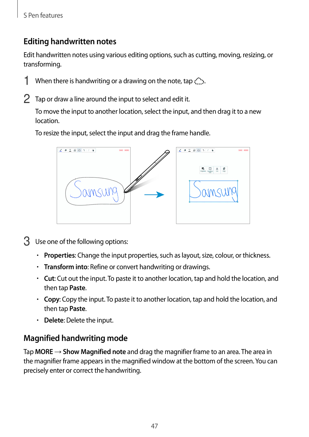 Samsung SM-P355NZWAXXV, SM-P355NZAAXXV manual Editing handwritten notes, Magnified handwriting mode 