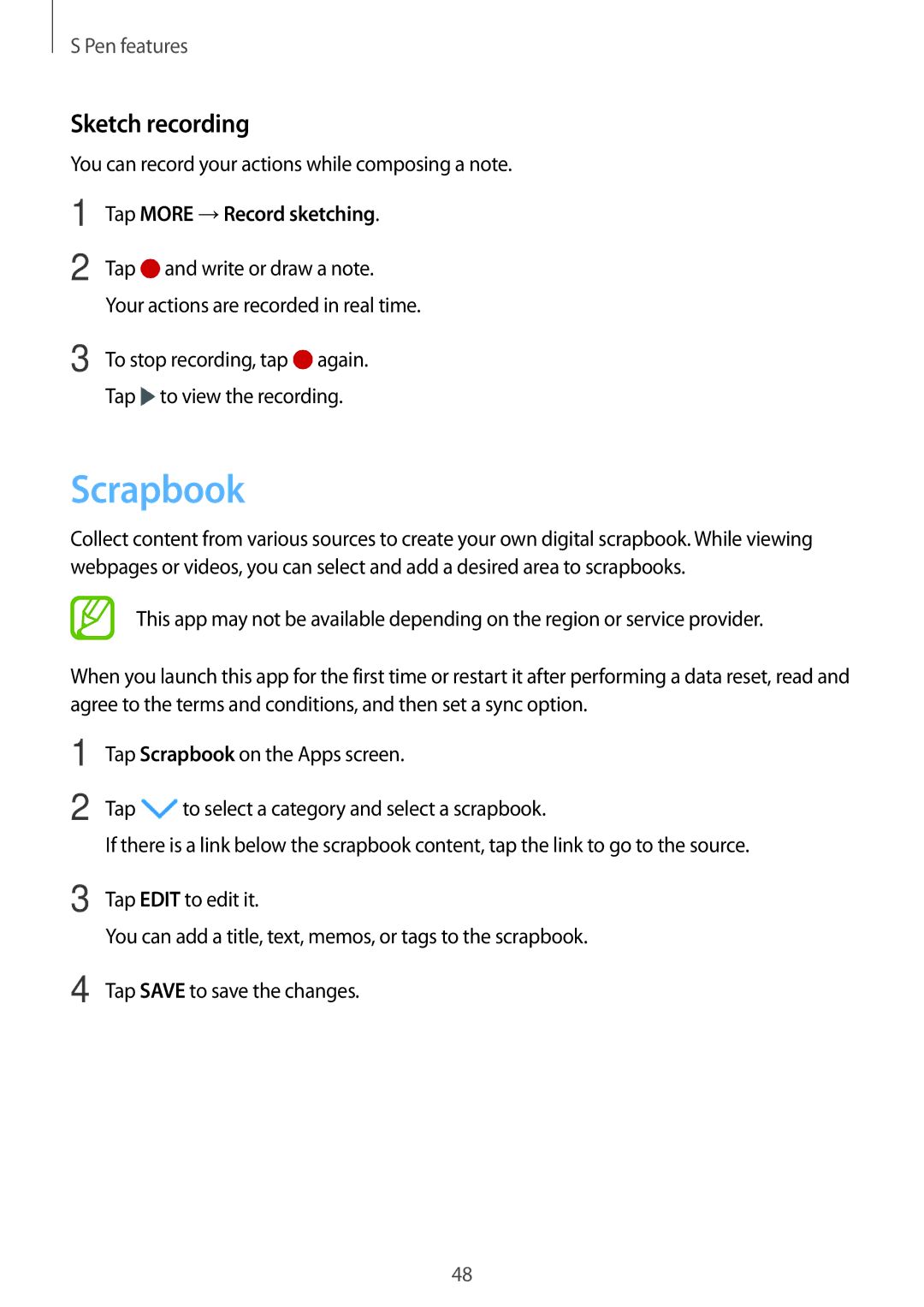 Samsung SM-P355NZAAXXV, SM-P355NZWAXXV Scrapbook, Sketch recording, You can record your actions while composing a note 