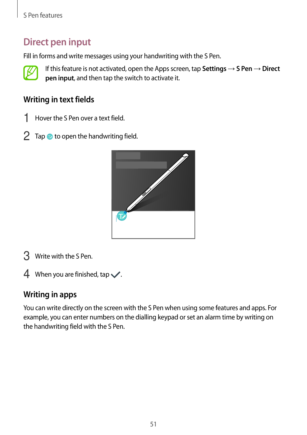 Samsung SM-P355NZWAXXV, SM-P355NZAAXXV manual Direct pen input, Writing in text fields, Writing in apps 