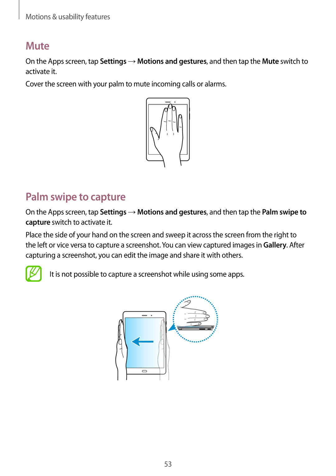 Samsung SM-P355NZWAXXV, SM-P355NZAAXXV manual Mute, Palm swipe to capture 