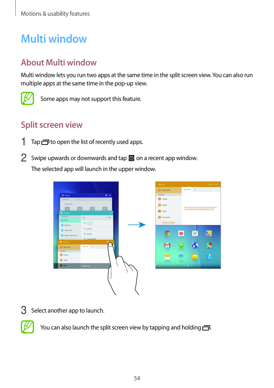 Samsung SM-P355NZAAXXV, SM-P355NZWAXXV manual About Multi window, Split screen view 