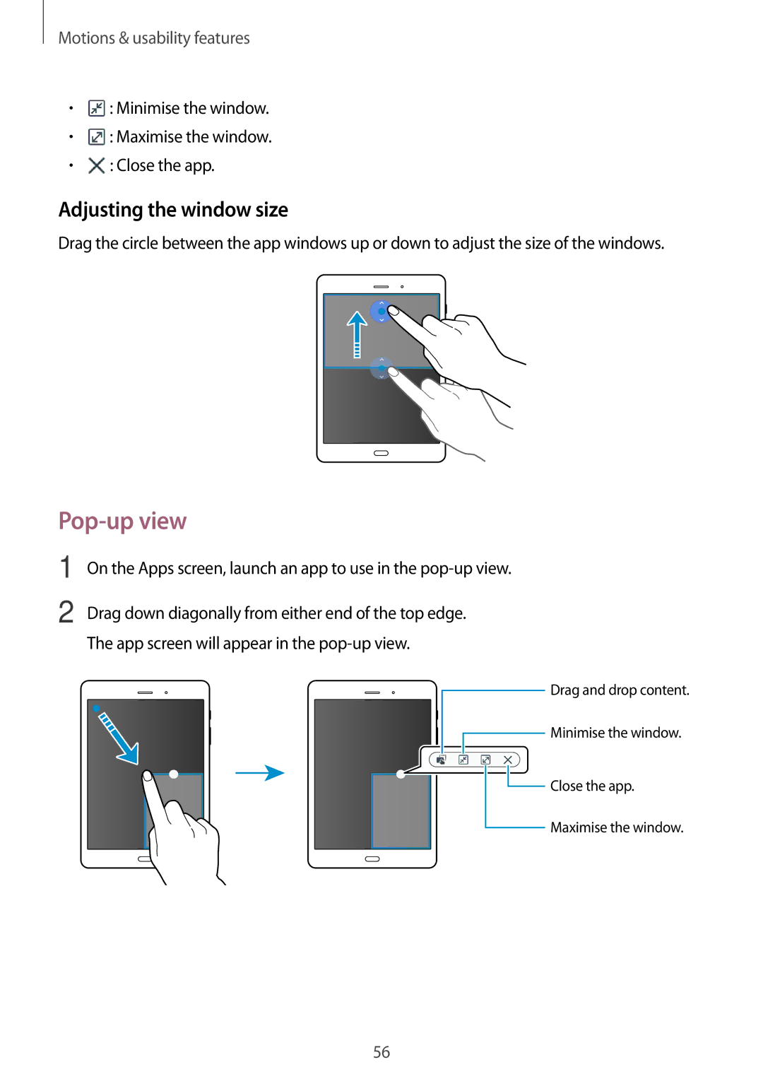 Samsung SM-P355NZAAXXV manual Pop-up view, Adjusting the window size, Minimise the window Maximise the window Close the app 