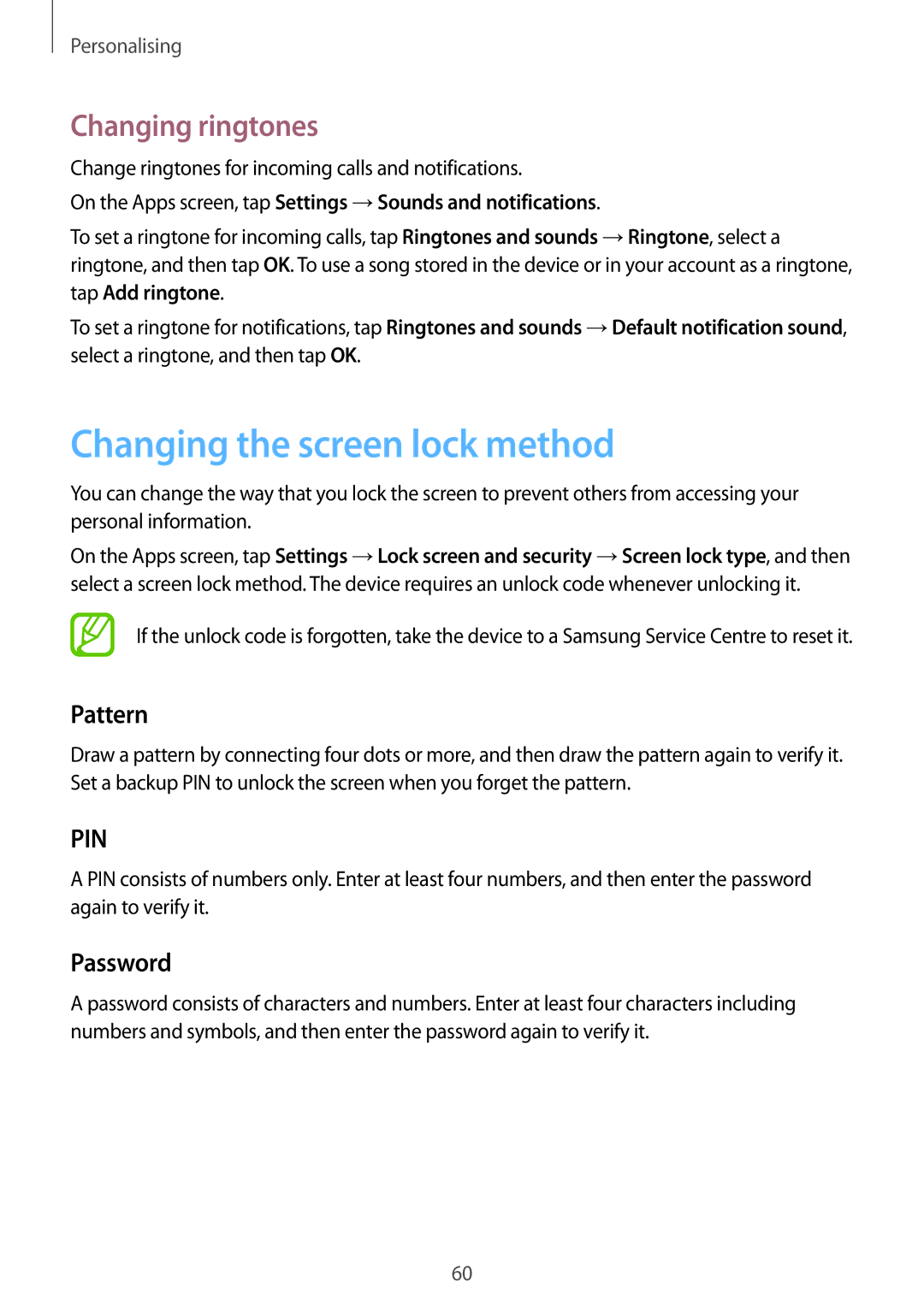Samsung SM-P355NZAAXXV, SM-P355NZWAXXV manual Changing the screen lock method, Changing ringtones, Pattern, Password 