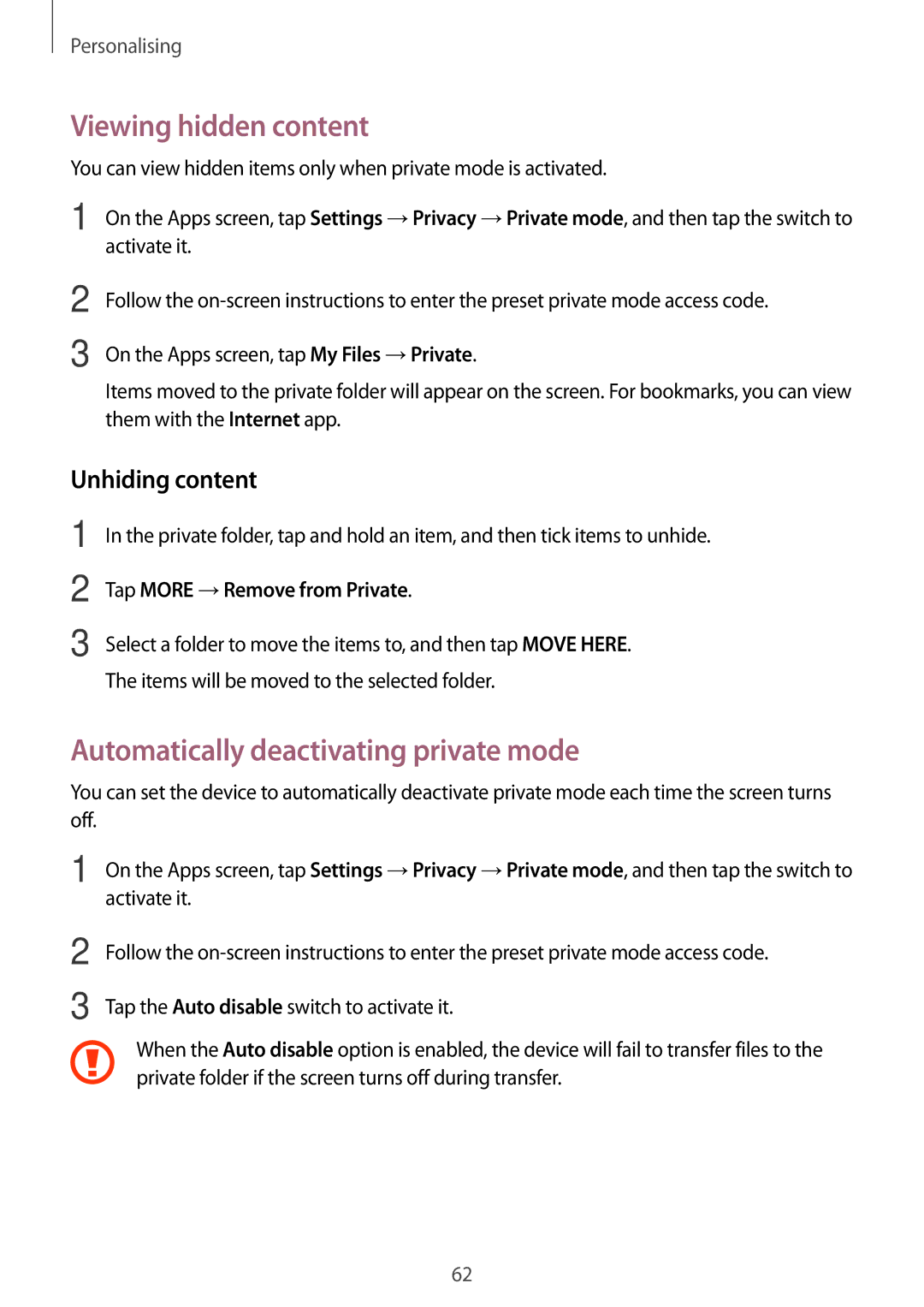 Samsung SM-P355NZAAXXV, SM-P355NZWAXXV Viewing hidden content, Automatically deactivating private mode, Unhiding content 