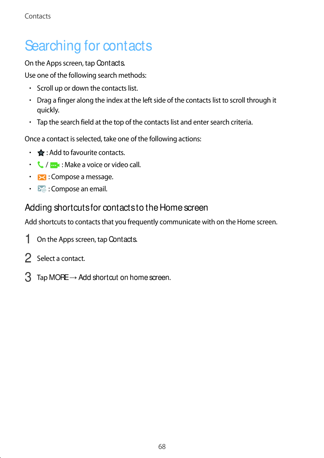 Samsung SM-P355NZAAXXV, SM-P355NZWAXXV manual Searching for contacts, Adding shortcuts for contacts to the Home screen 