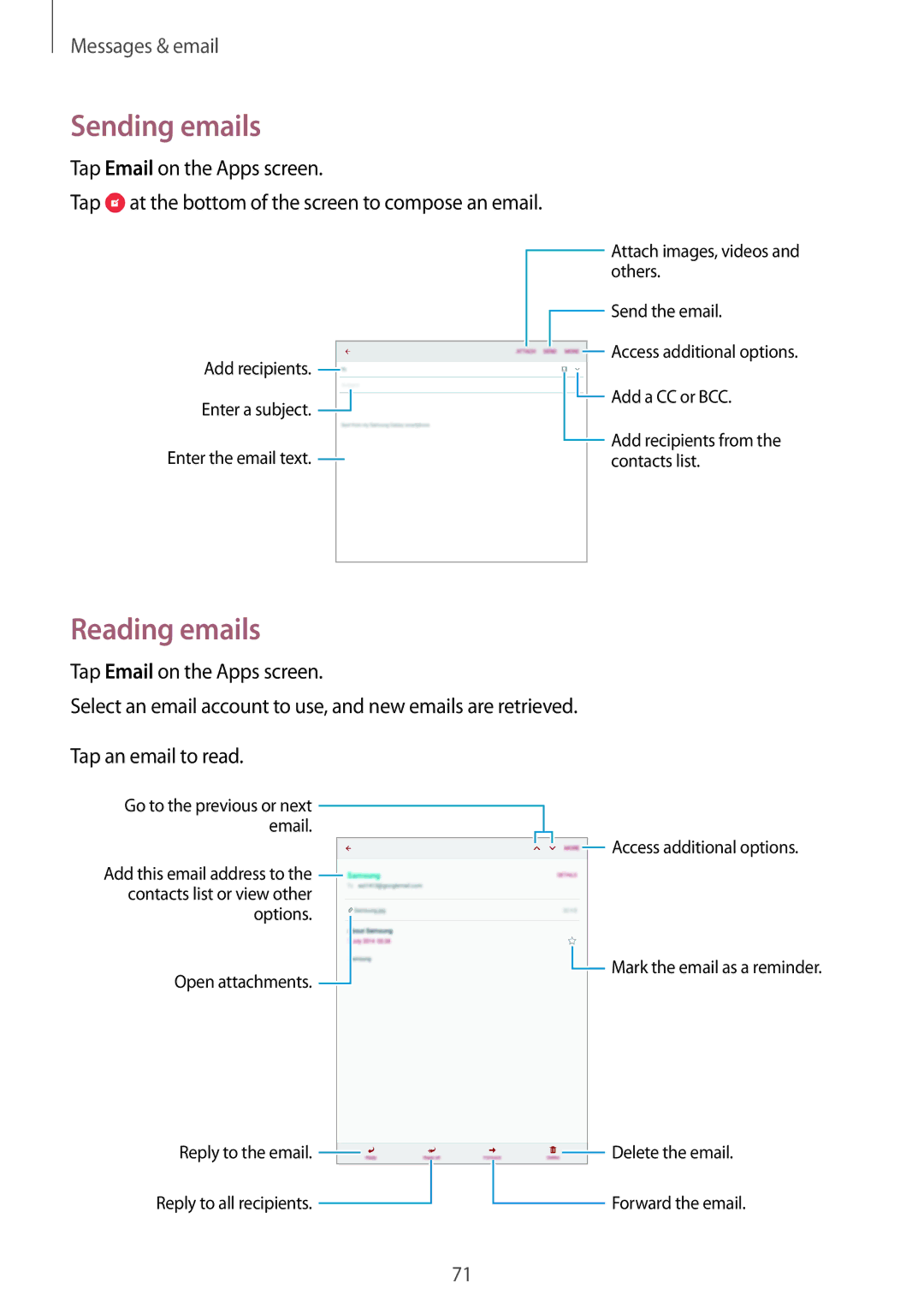 Samsung SM-P355NZWAXXV, SM-P355NZAAXXV manual Sending emails, Reading emails 