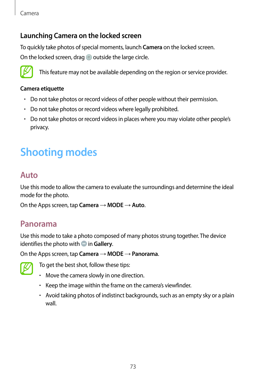 Samsung SM-P355NZWAXXV manual Shooting modes, Auto, Panorama, Launching Camera on the locked screen, Camera etiquette 