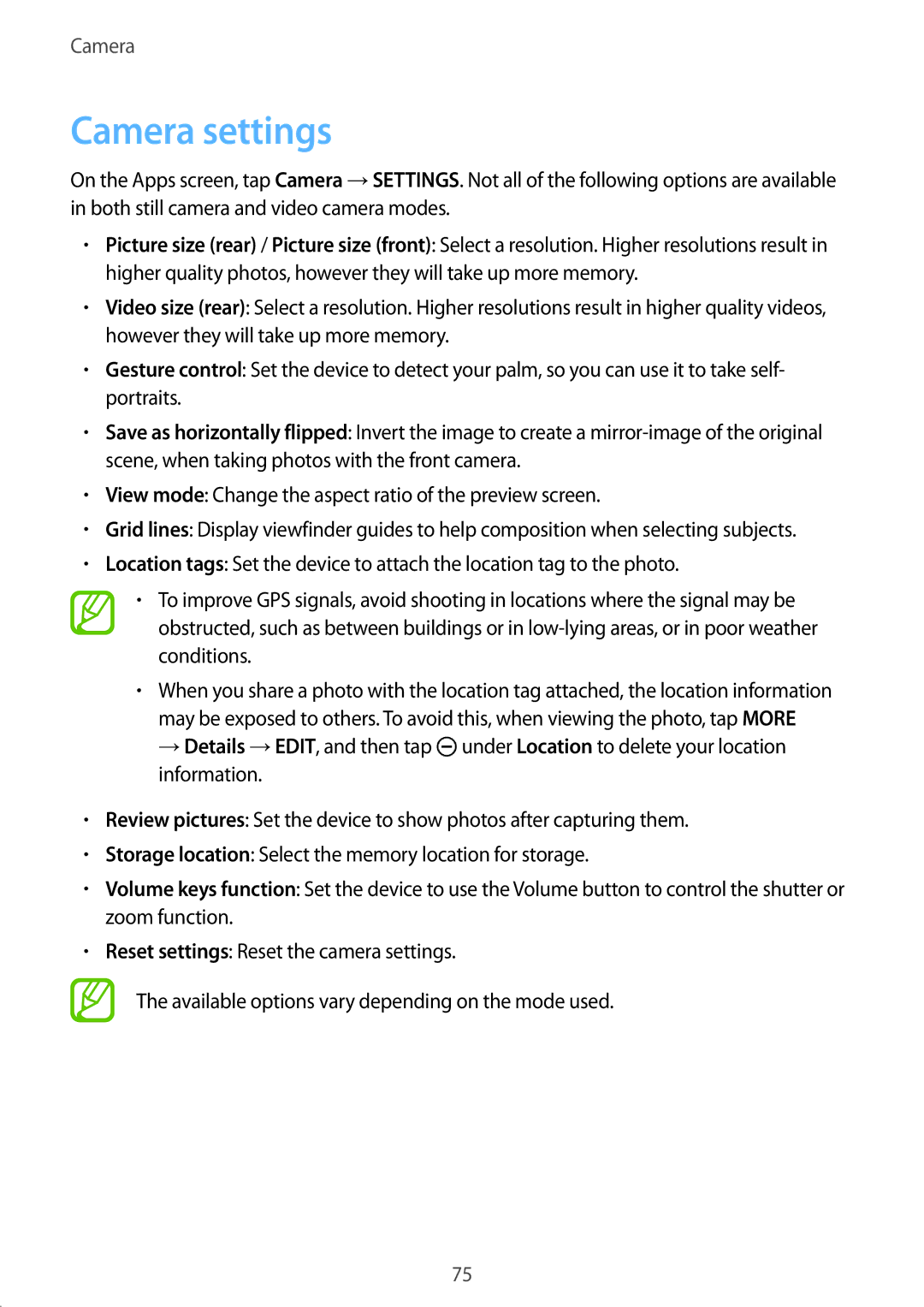 Samsung SM-P355NZWAXXV, SM-P355NZAAXXV manual Camera settings 