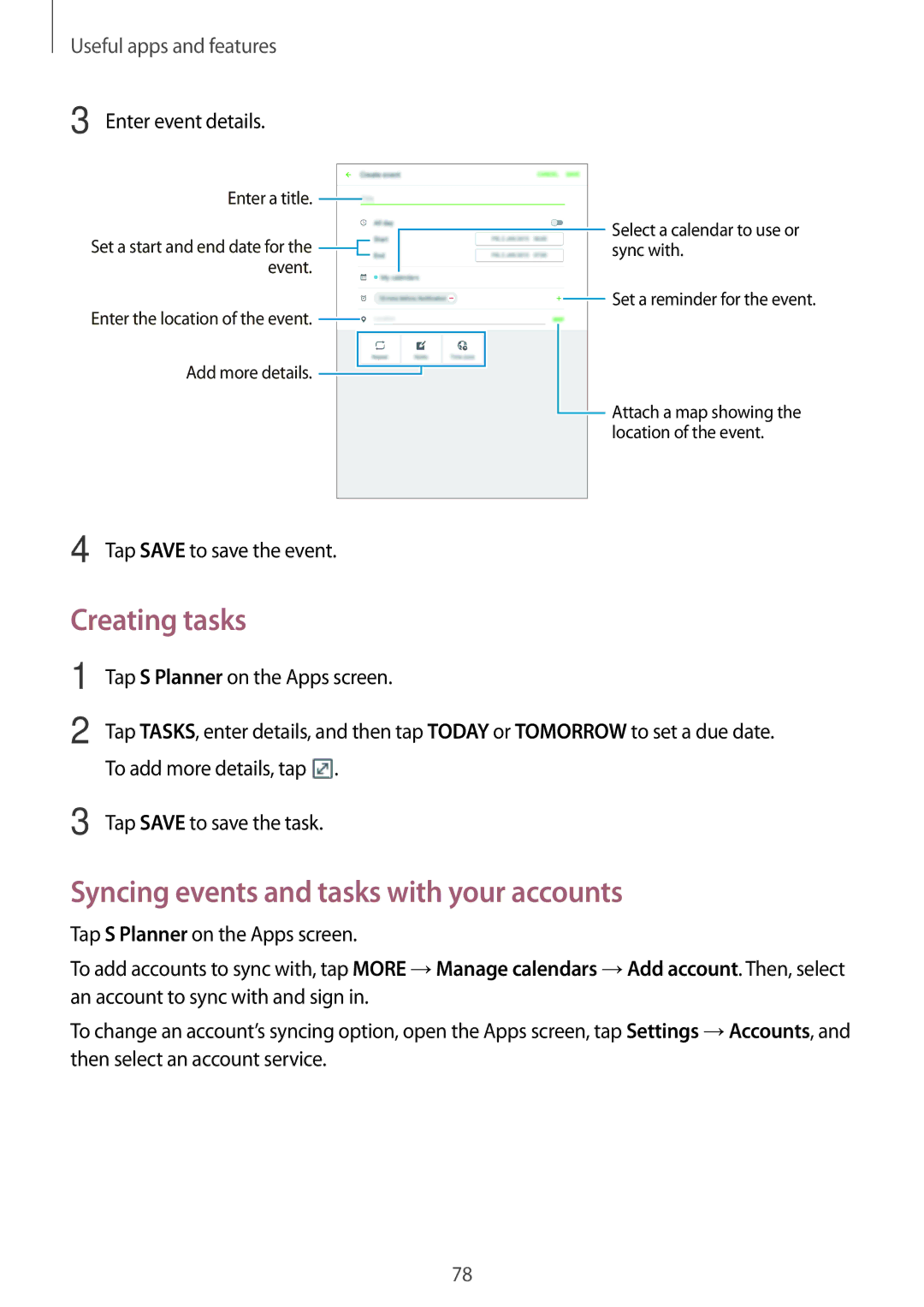 Samsung SM-P355NZAAXXV, SM-P355NZWAXXV Creating tasks, Syncing events and tasks with your accounts, Enter event details 