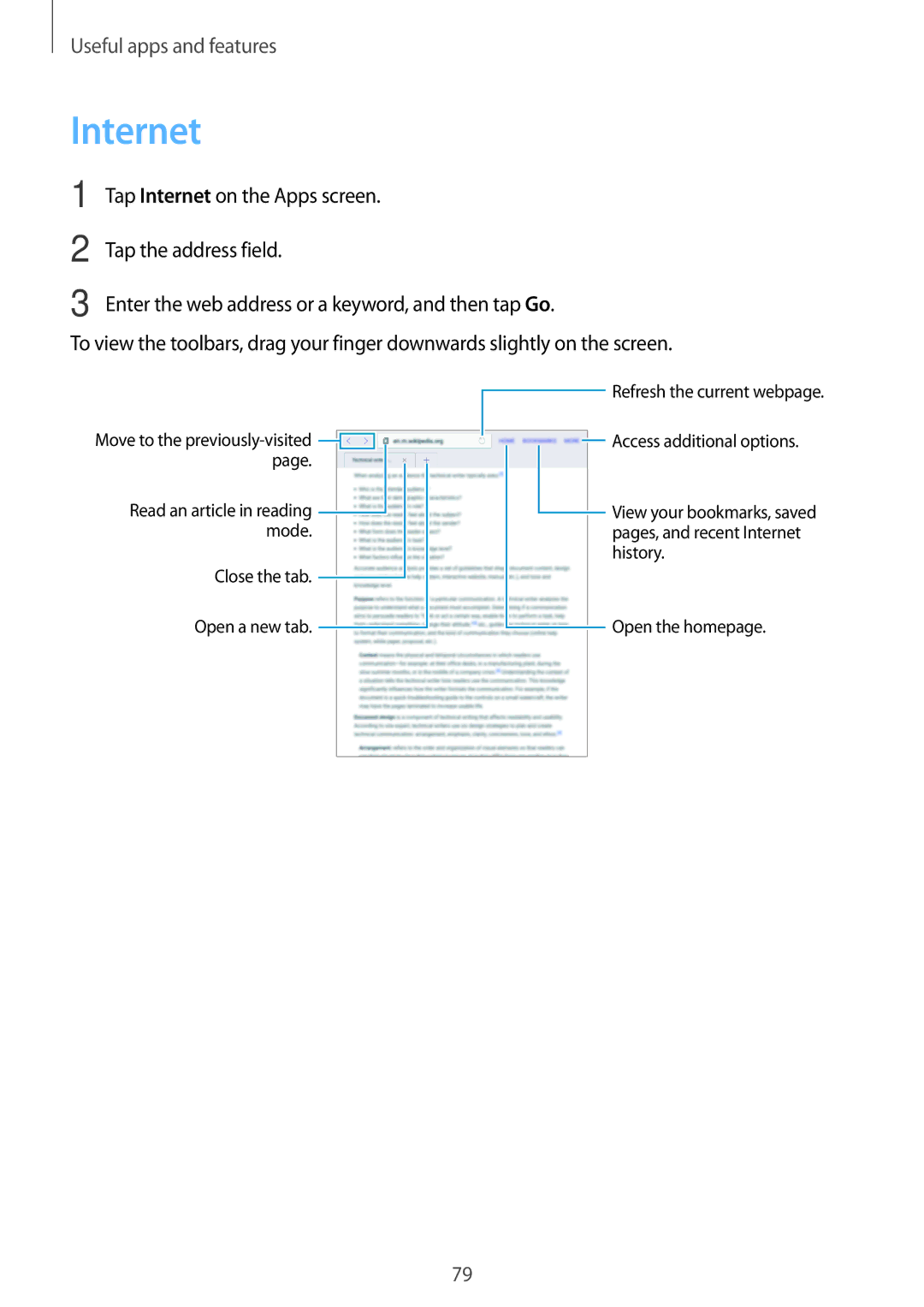 Samsung SM-P355NZWAXXV, SM-P355NZAAXXV manual Tap Internet on the Apps screen, Tap the address field 