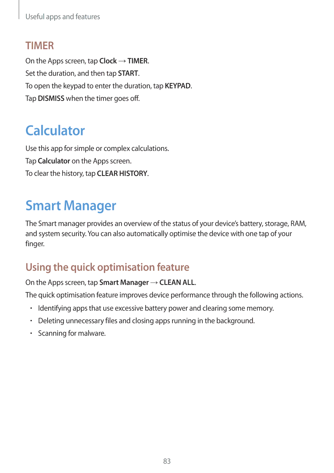 Samsung SM-P355NZWAXXV, SM-P355NZAAXXV manual Calculator, Smart Manager, Using the quick optimisation feature 