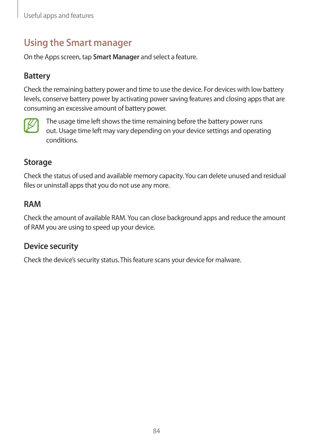 Samsung SM-P355NZAAXXV, SM-P355NZWAXXV manual Using the Smart manager, Battery, Storage, Device security 