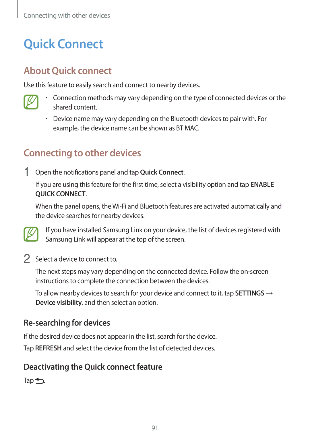 Samsung SM-P355NZWAXXV, SM-P355NZAAXXV manual Quick Connect, About Quick connect, Re-searching for devices 