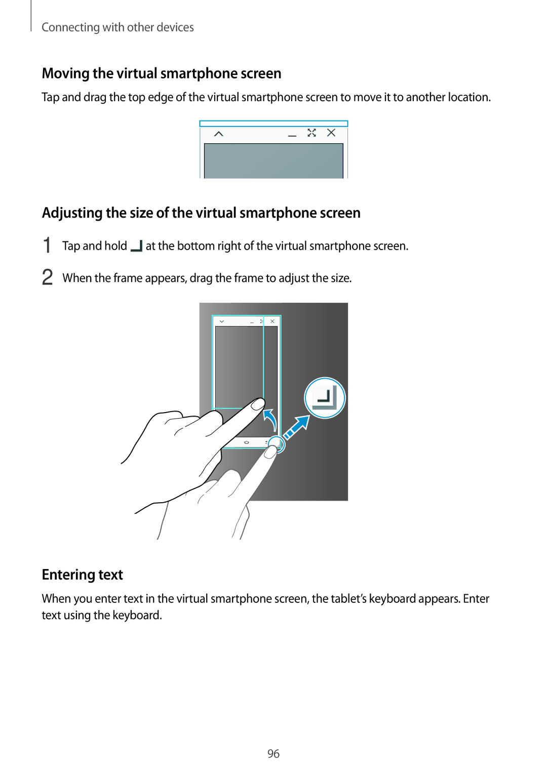 Samsung SM-P355NZAAXXV manual Moving the virtual smartphone screen, Adjusting the size of the virtual smartphone screen 