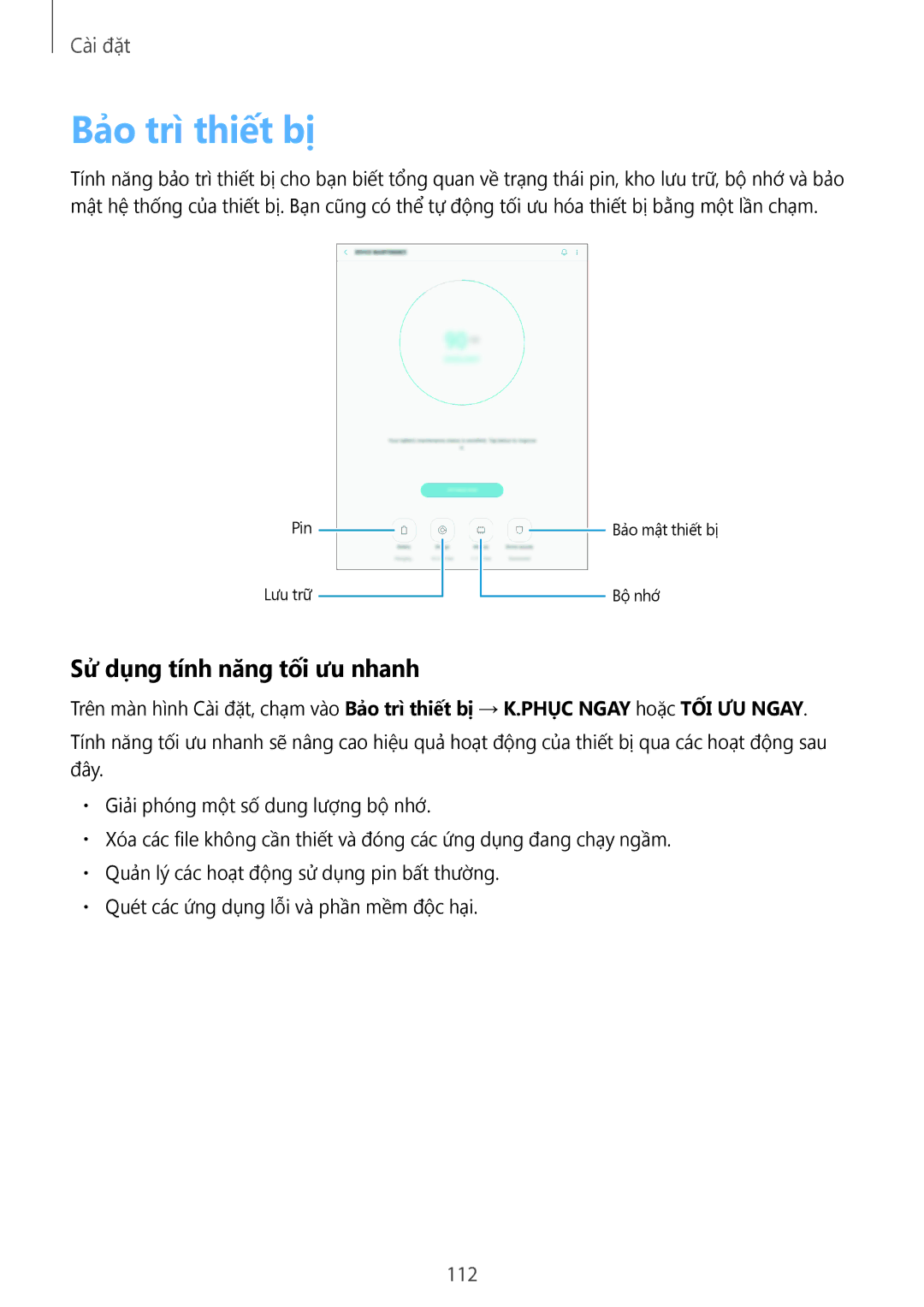 Samsung SM-P355NZAAXXV, SM-P555NZWAXXV, SM-P555NZAAXXV, SM-P355NZWAXXV manual Bảo trì thiết bị, Sử dụng tính năng tối ưu nhanh 