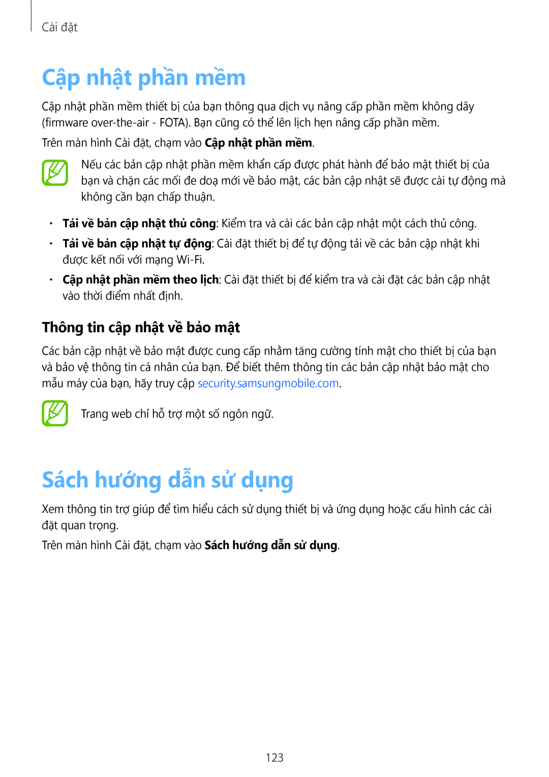 Samsung SM-P355NZWAXXV, SM-P355NZAAXXV manual Cập nhật phần mềm, Sách hướng dẫn sử dụng, Thông tin cập nhật về bảo mật 