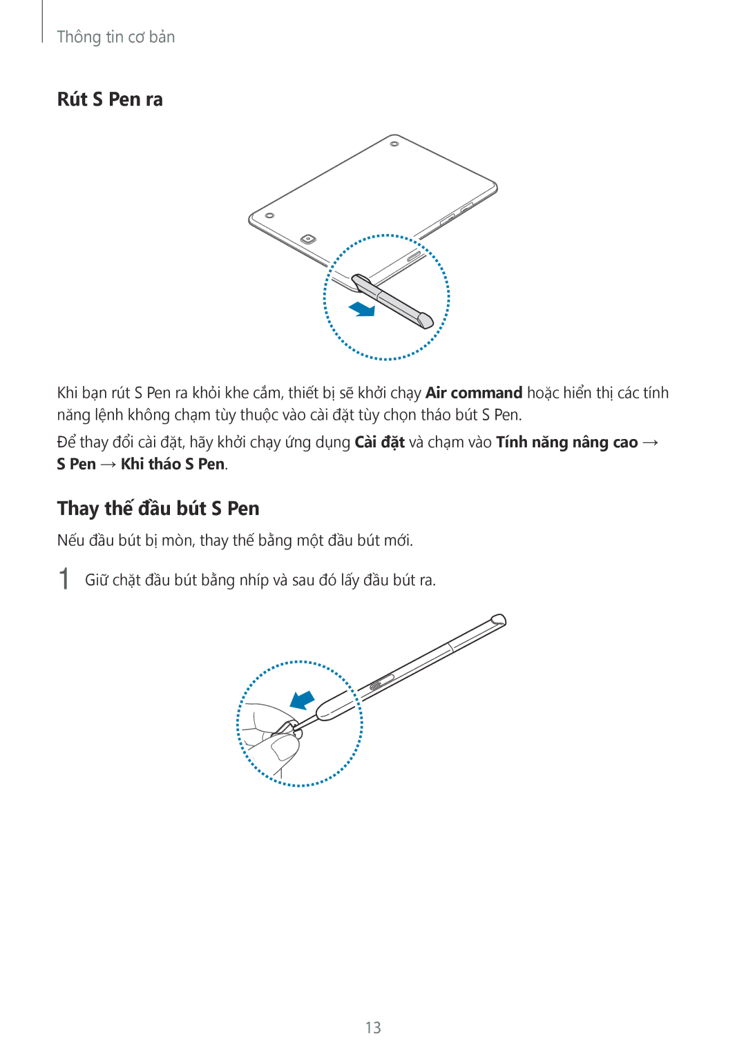 Samsung SM-P555NZWAXXV, SM-P355NZAAXXV, SM-P555NZAAXXV, SM-P355NZWAXXV manual Rút S Pen ra, Thay thế đầu bút S Pen 