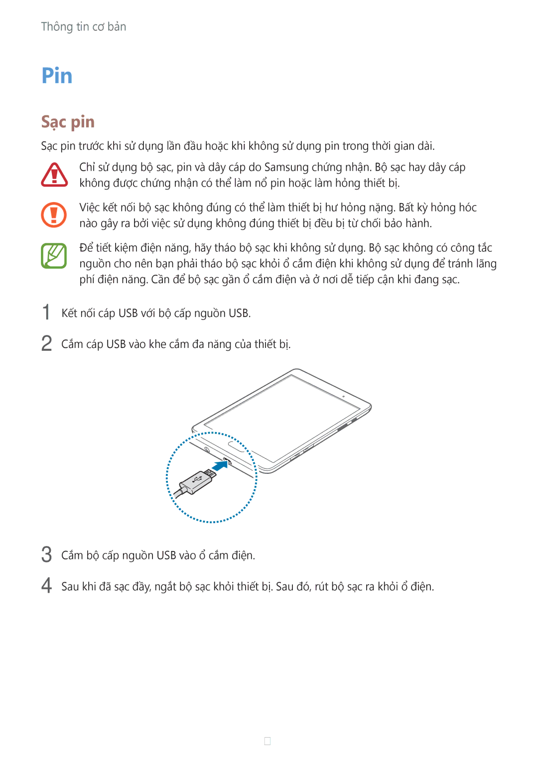 Samsung SM-P355NZWAXXV, SM-P355NZAAXXV, SM-P555NZWAXXV, SM-P555NZAAXXV manual Pin, Sạc pin 