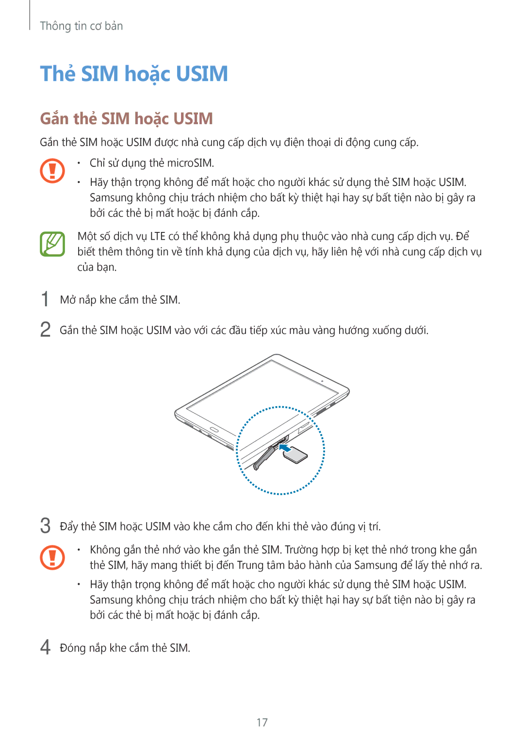 Samsung SM-P555NZWAXXV, SM-P355NZAAXXV, SM-P555NZAAXXV, SM-P355NZWAXXV manual Thẻ SIM hoặc Usim, Gắn thẻ SIM hoặc Usim 