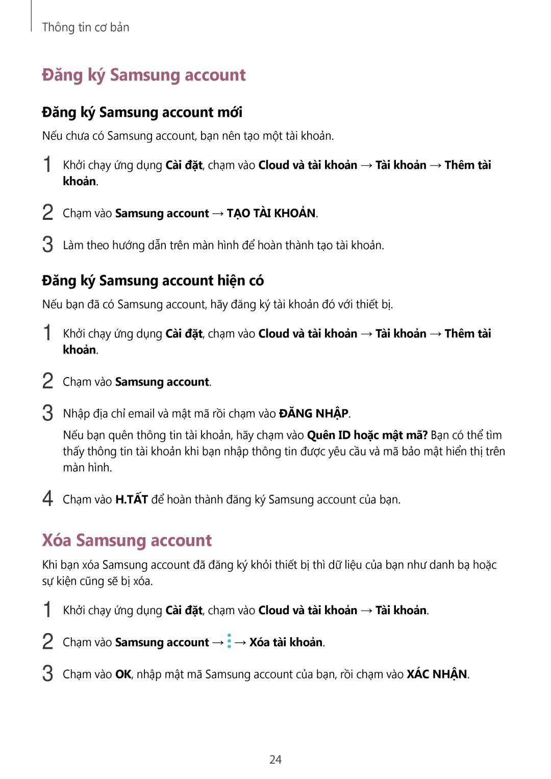 Samsung SM-P355NZAAXXV manual Xóa Samsung account, Đăng ký Samsung account mới, Đăng ký Samsung account hiện có 