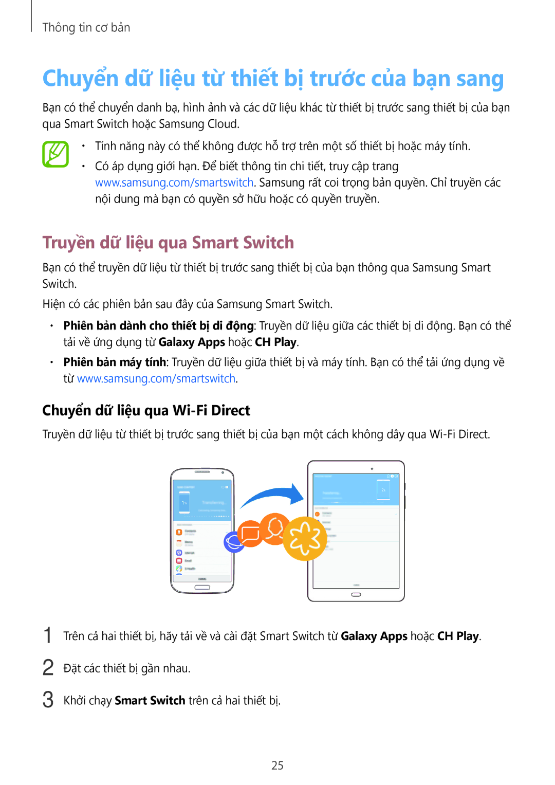 Samsung SM-P555NZWAXXV, SM-P355NZAAXXV manual Chuyển dữ liệu từ thiết bị trước của bạn sang, Truyền dữ liệu qua Smart Switch 