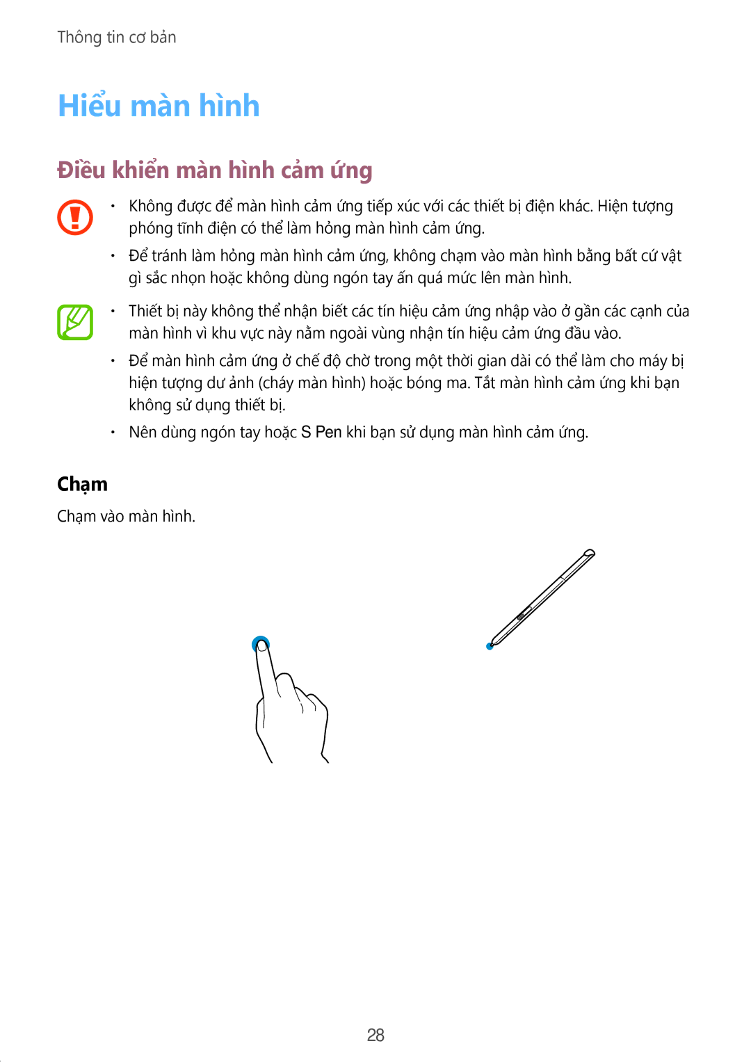 Samsung SM-P355NZAAXXV, SM-P555NZWAXXV, SM-P555NZAAXXV, SM-P355NZWAXXV manual Hiểu màn hình, Điều khiển màn hình cảm ứng, Chạm 