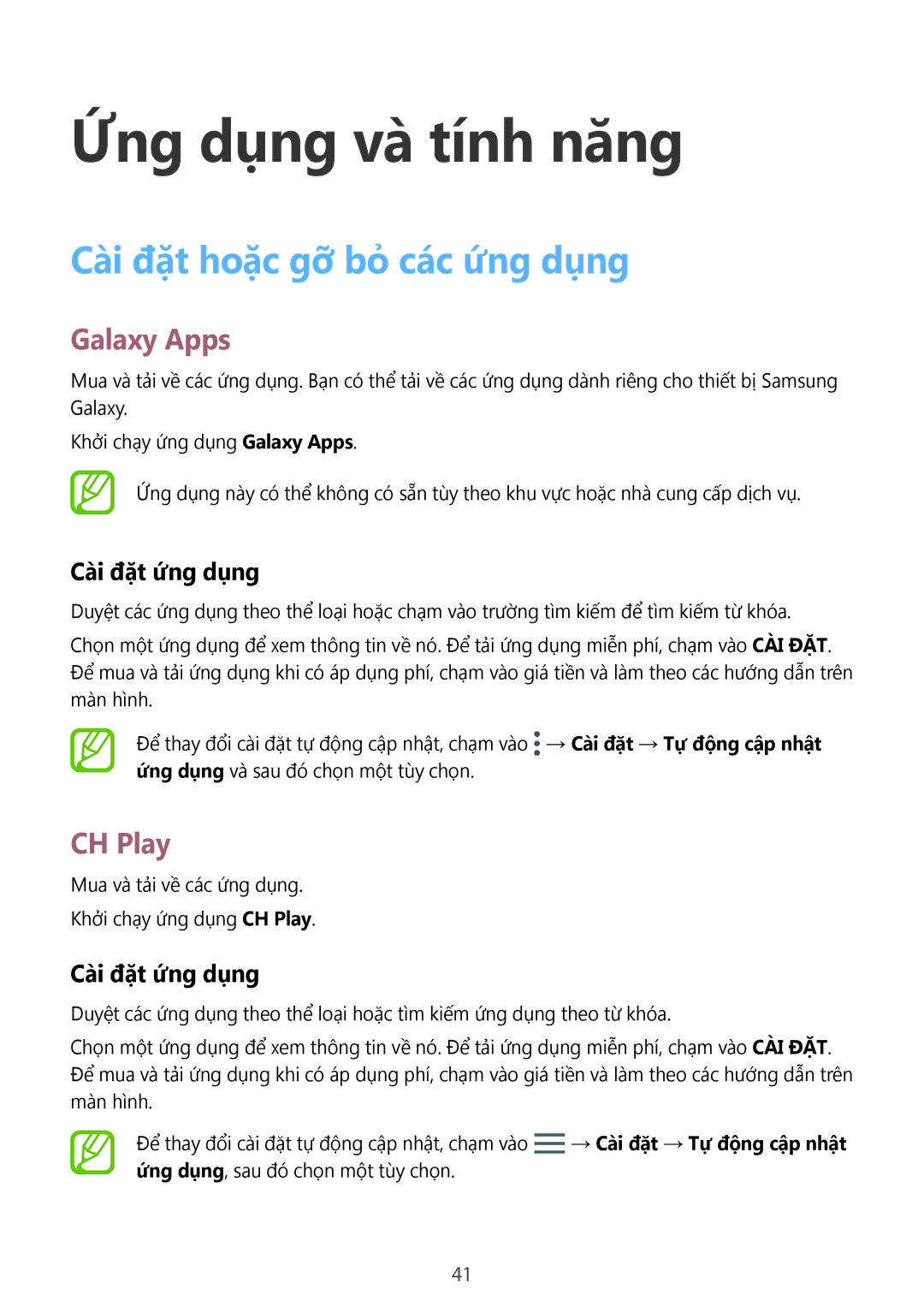 Samsung SM-P555NZWAXXV, SM-P355NZAAXXV manual Cài đặt hoặc gỡ bỏ các ứng dụng, Galaxy Apps, CH Play, Cài đặt ứng dụng 