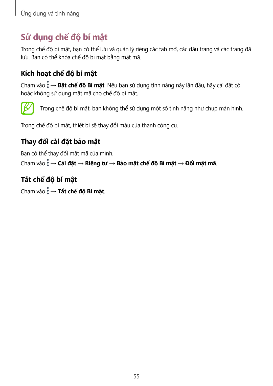 Samsung SM-P355NZWAXXV manual Sử dụng chế độ bí mật, Kích hoạt chế độ bí mật, Thay đổi cài đặt bảo mật, Tắt chế độ bí mật 
