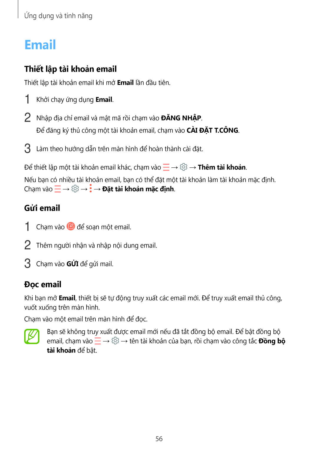 Samsung SM-P355NZAAXXV, SM-P555NZWAXXV, SM-P555NZAAXXV, SM-P355NZWAXXV manual Thiết lập tài khoản email, Gửi email, Đọc email 
