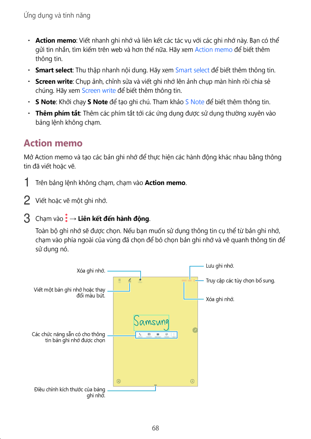 Samsung SM-P355NZAAXXV, SM-P555NZWAXXV, SM-P555NZAAXXV, SM-P355NZWAXXV manual Action memo, Chạm vào → Liên kết đến hành động 