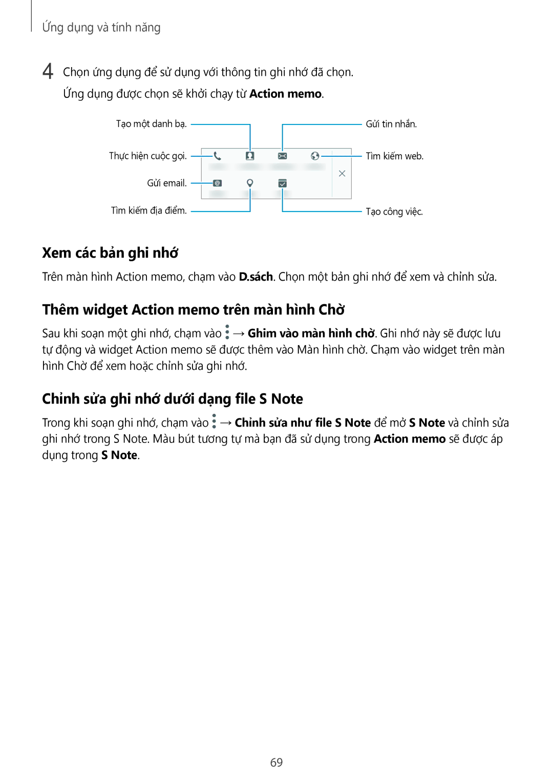 Samsung SM-P555NZWAXXV, SM-P355NZAAXXV, SM-P555NZAAXXV manual Xem các bản ghi nhớ, Thêm widget Action memo trên màn hình Chơ 