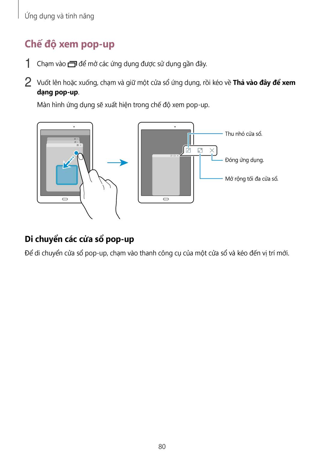 Samsung SM-P355NZAAXXV, SM-P555NZWAXXV, SM-P555NZAAXXV, SM-P355NZWAXXV manual Chế độ xem pop-up, Di chuyển các cửa sổ pop-up 