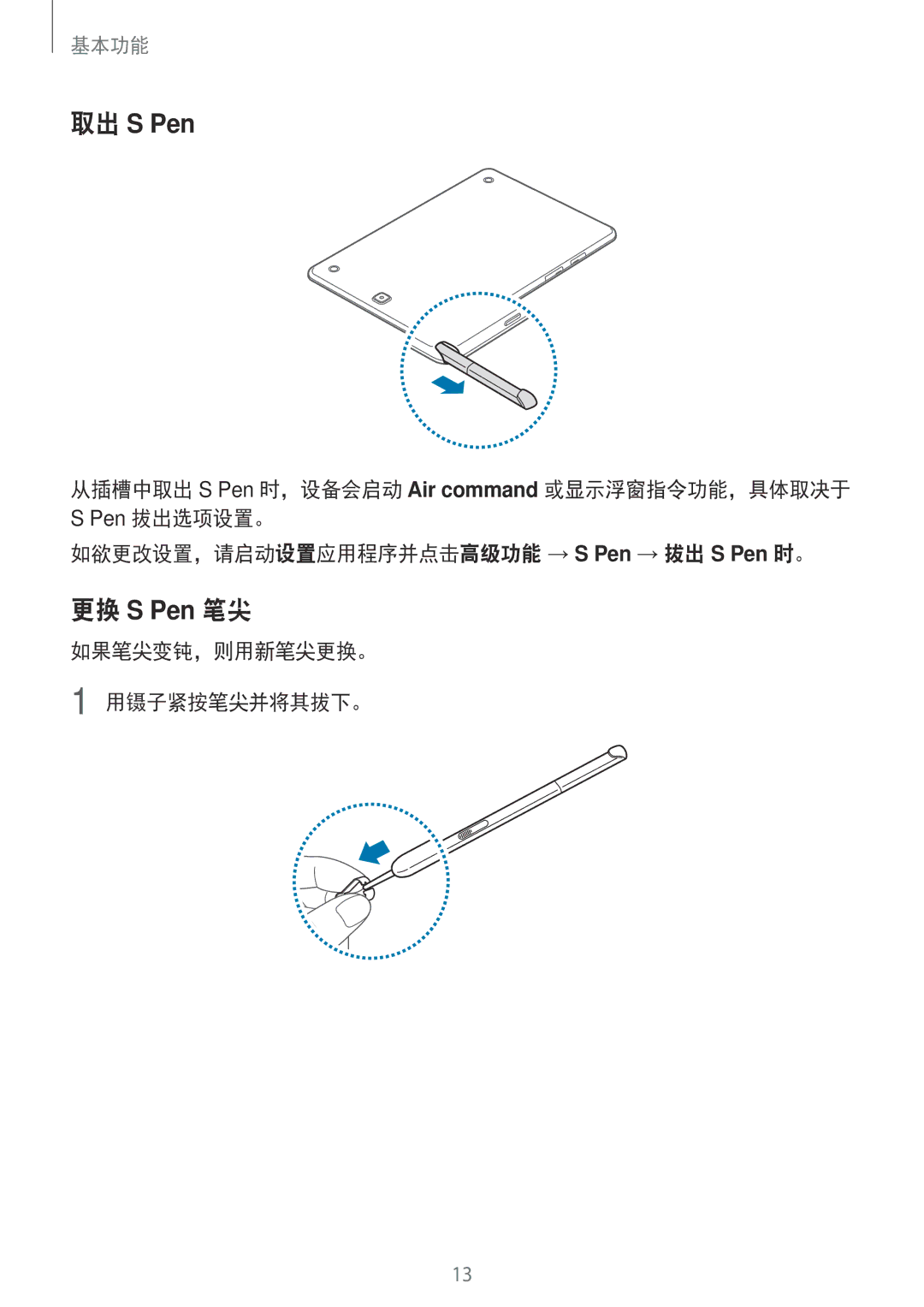 Samsung SM-P555NZWAXXV, SM-P355NZAAXXV, SM-P555NZAAXXV, SM-P355NZWAXXV manual 取出 S Pen, 如果笔尖变钝，则用新笔尖更换。 用镊子紧按笔尖并将其拔下。 