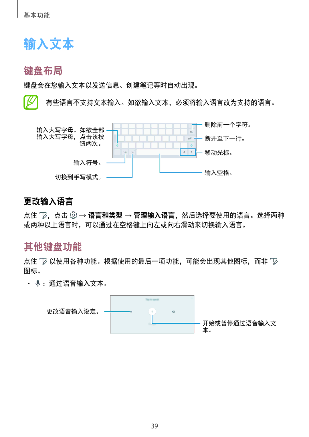 Samsung SM-P355NZWAXXV, SM-P355NZAAXXV, SM-P555NZWAXXV, SM-P555NZAAXXV manual 键盘布局, 其他键盘功能, 更改输入语言, ：通过语音输入文本。 