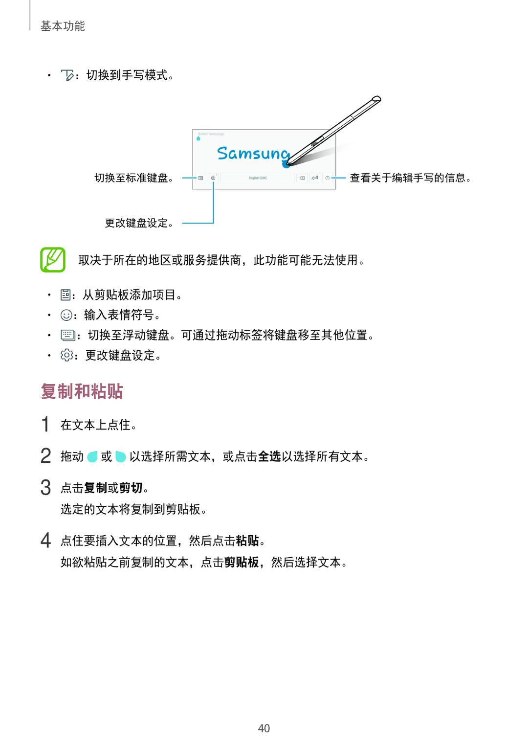 Samsung SM-P355NZAAXXV, SM-P555NZWAXXV, SM-P555NZAAXXV, SM-P355NZWAXXV manual 复制和粘贴, ：切换到手写模式。 