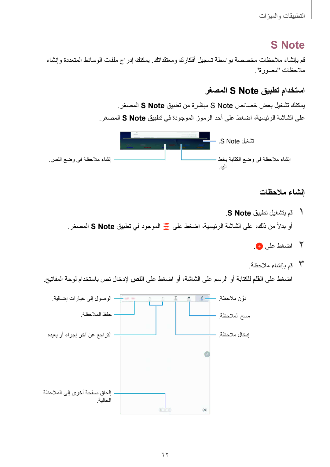 Samsung SM-P550NZWAKSA, SM-P550NZAAKSA, SM-T350NZBAKSA manual رغصملا S Note قيبطت مادختسا, تاظحلام ءاشنإ, ةروصم تاظحلام 