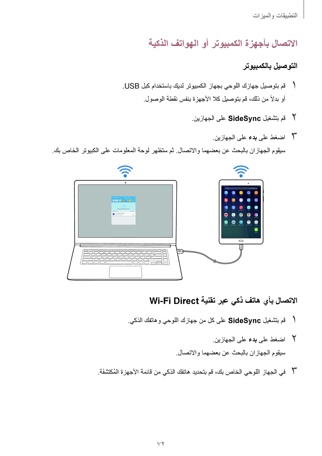 Samsung SM-P550NZAAKSA, SM-T350NZBAKSA, SM-P550NZWAKSA manual ةيكذلا فتاوهلا وأ رتويبمكلا ةزهجأب لاصتلاا, رتويبمكلاب ليصوتلا 