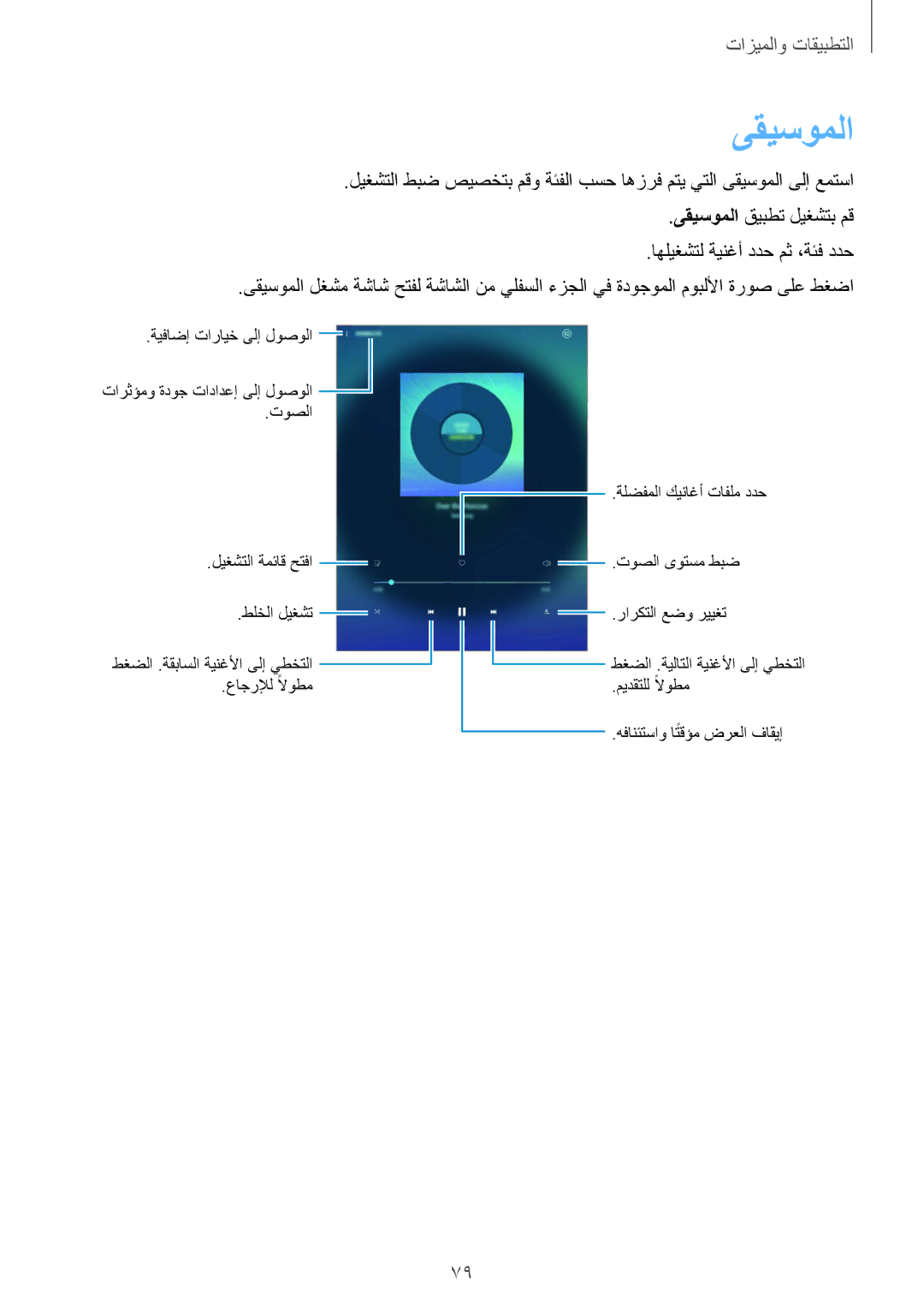 Samsung SM-T350NZBAKSA, SM-P550NZAAKSA, SM-P550NZWAKSA manual ىقيسوملا قيبطت ليغشتب مق اهليغشتل ةينغأ ددح مث ،ةئف ددح 