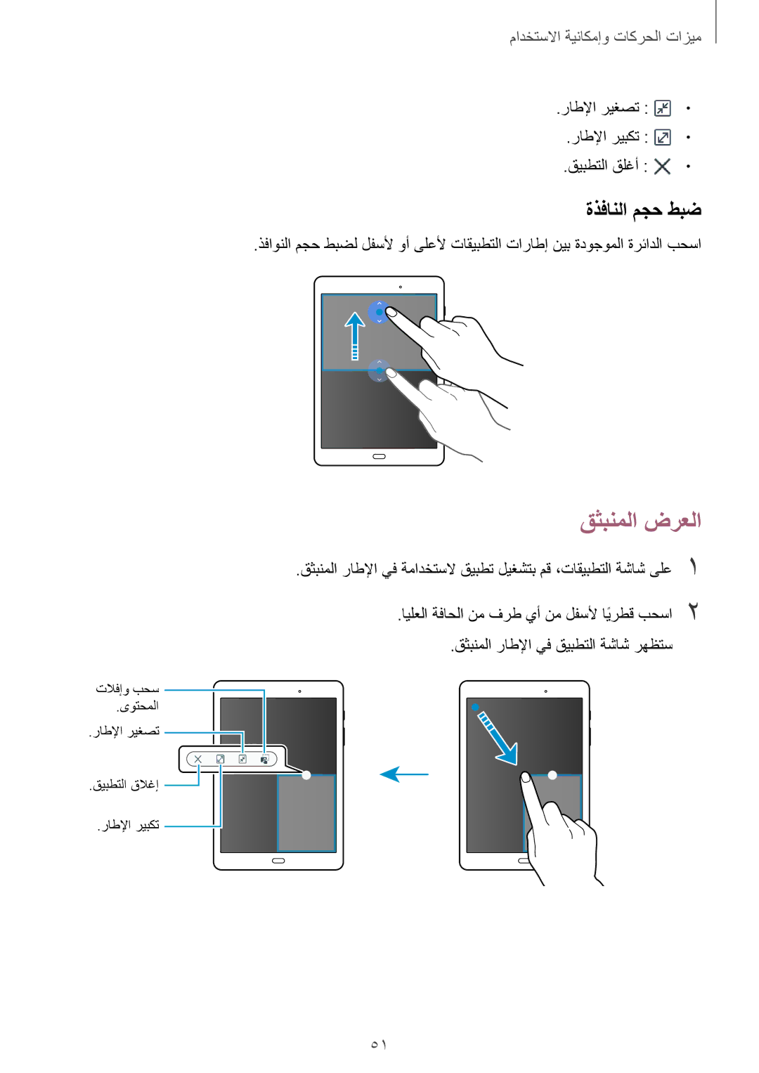 Samsung SM-P550NZBAKSA, SM-P550NZAAKSA, SM-T350NZBAKSA, SM-P550NZWAKSA, SM-T350NZAAKSA manual قثبنملا ضرعلا, ةذفانلا مجح طبض 