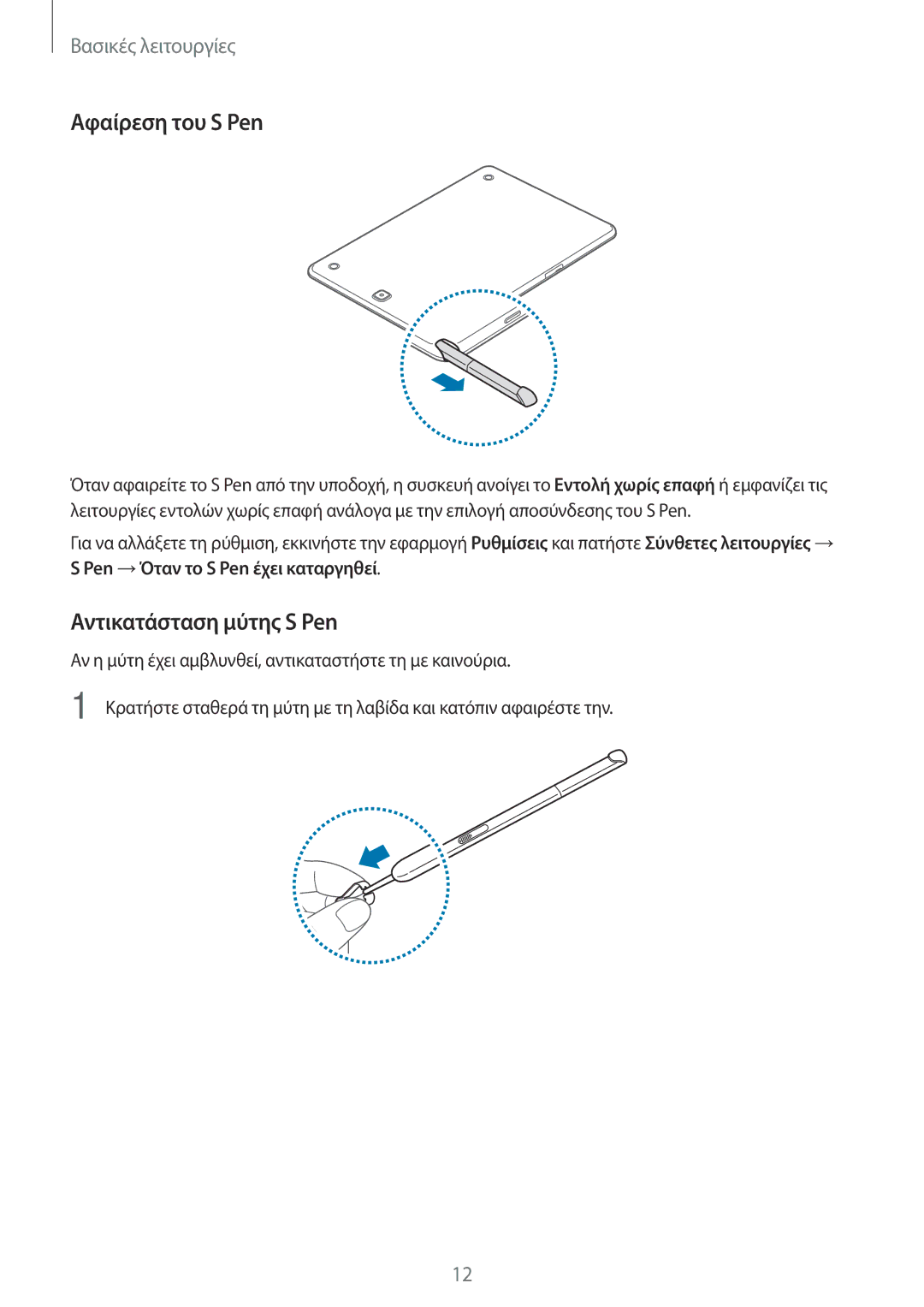 Samsung SM-P550NZKAEUR, SM-T550NZWAEUR, SM-T550NZKAEUR, SM-P550NZWAEUR manual Αφαίρεση του S Pen, Αντικατάσταση μύτης S Pen 