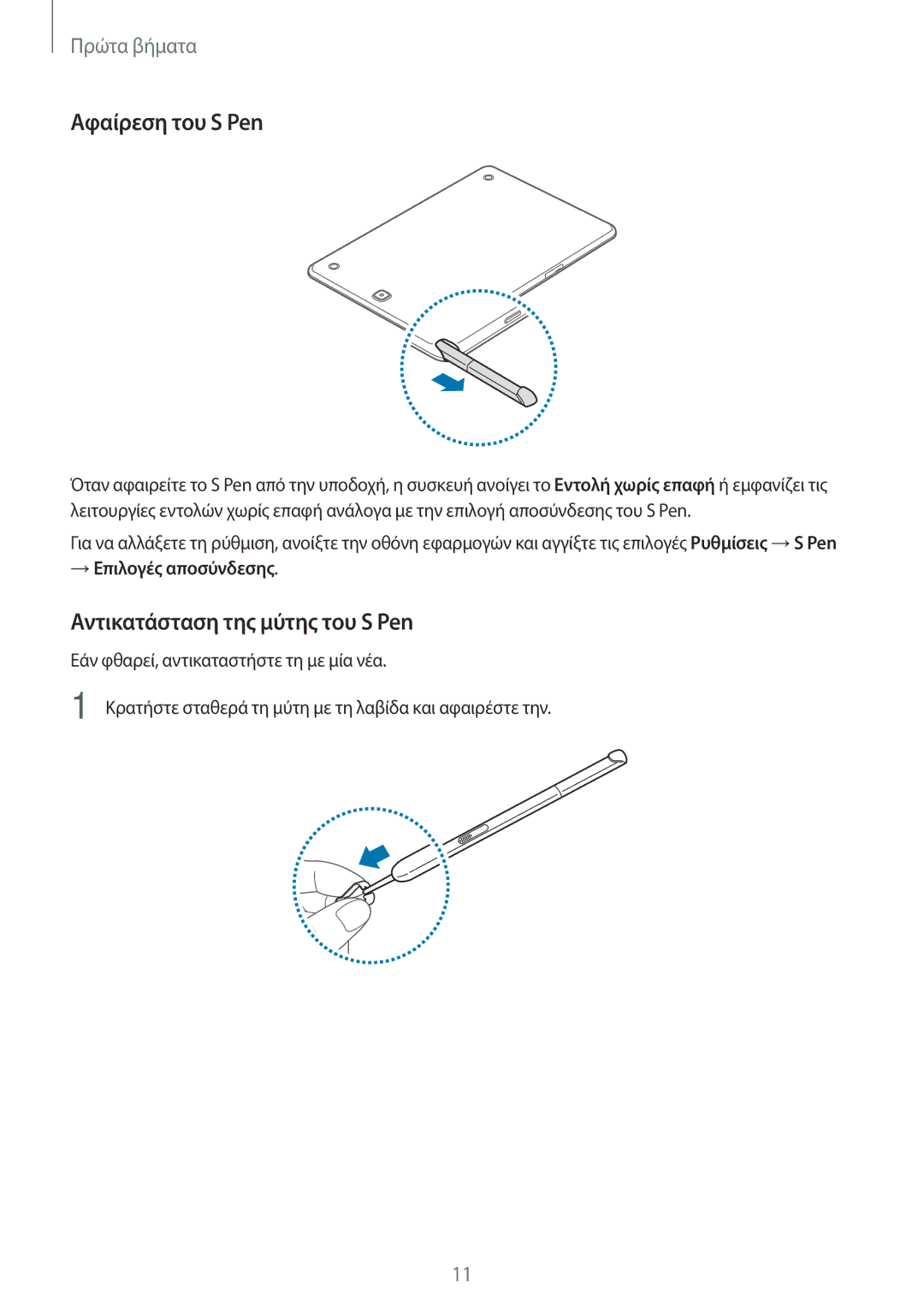 Samsung SM-P550NZWAEUR, SM-P550NZKAEUR manual Αφαίρεση του S Pen, Αντικατάσταση της μύτης του S Pen, → Επιλογές αποσύνδεσης 